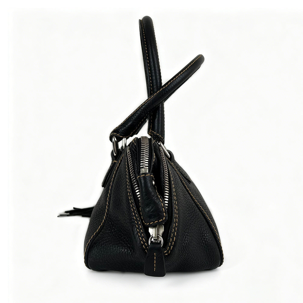 CHANEL Fringe Charm Handbag Mini Boston Bag Logo Embossed Coco Mark Engraved Silver Hardware Leather