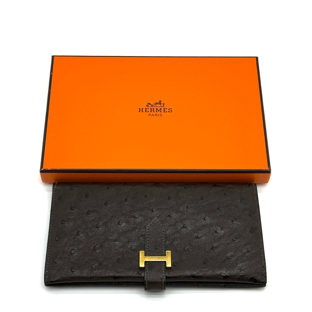 Hermes Ostrich Bearn Classic Brown Long Wallet