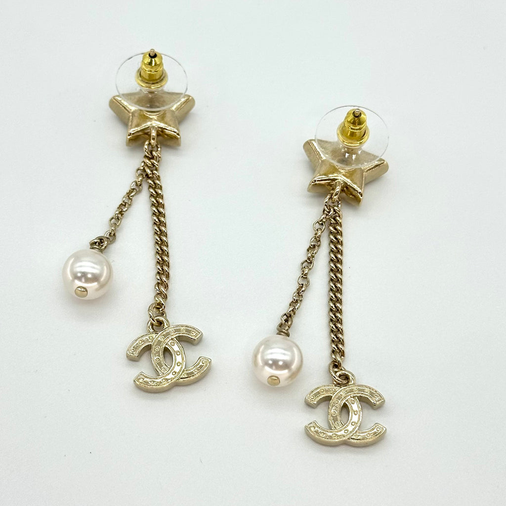 Chanel Star Rhinestone Tassel Stud Earrings with Double CC Logo Gold