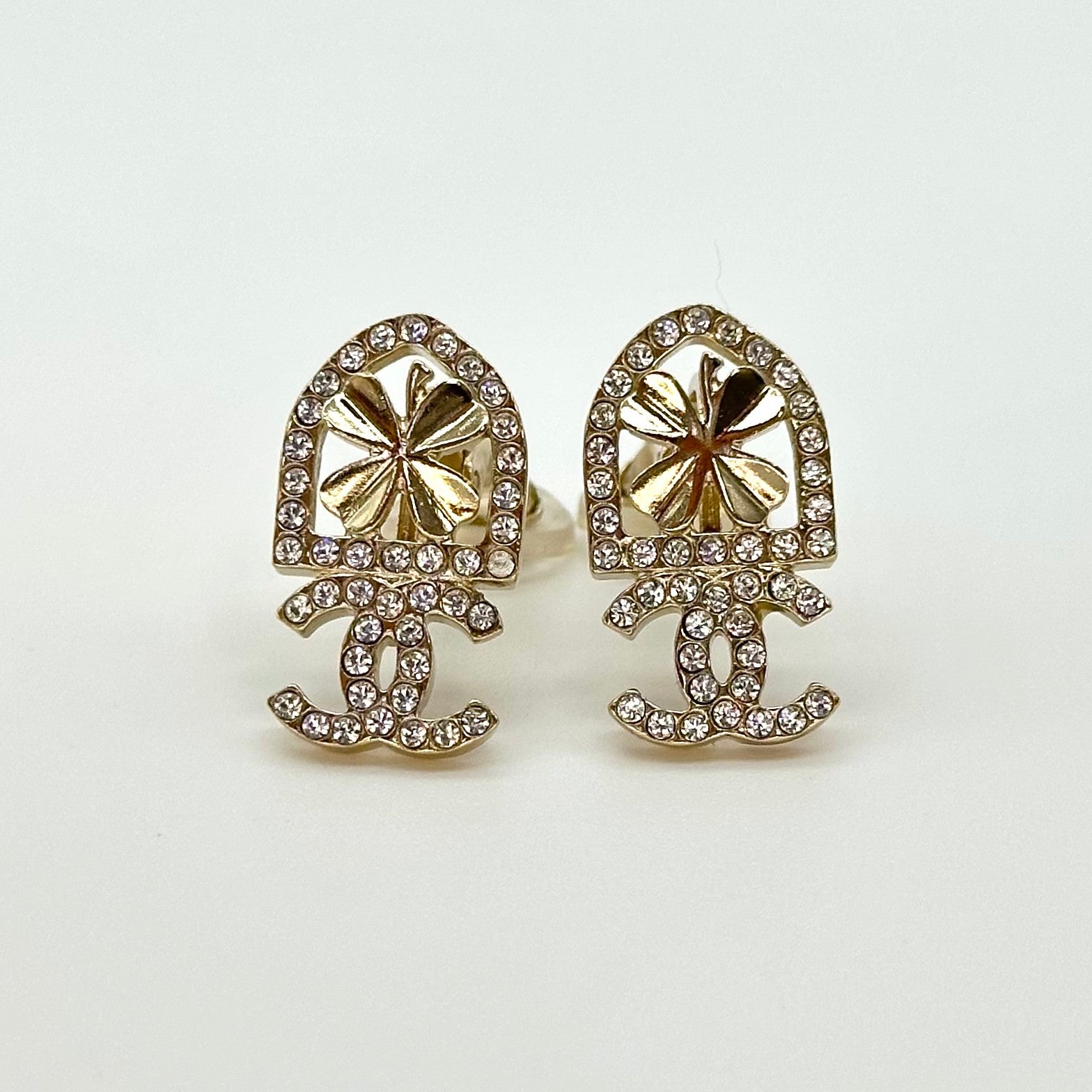 Chanel Shield Clover Rhinestone Double CC Clip-On Earrings