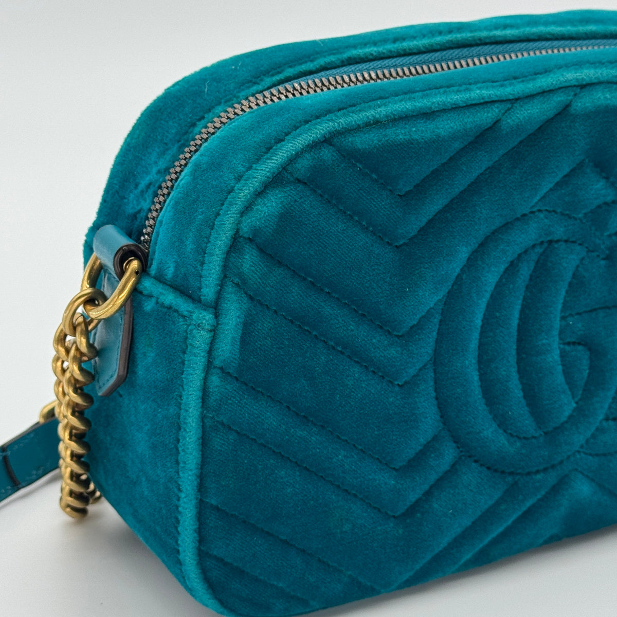 Gucci Quilted Velvet GG Marmont Small Teal Crossbody Bag