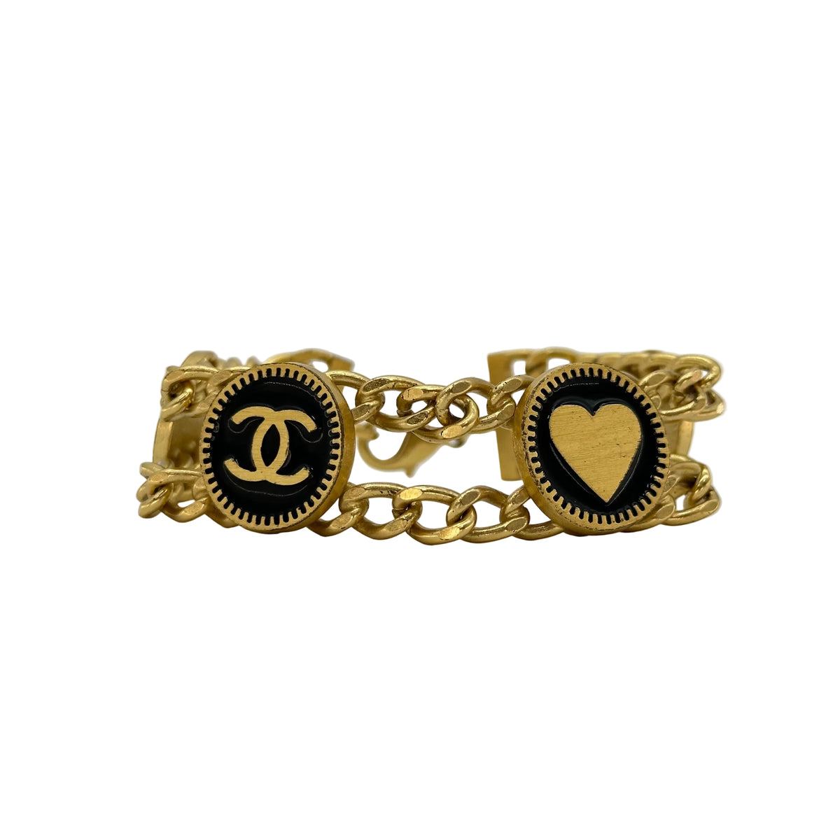 Chanel Vintage Gold Plated CC Heart Star Black Coin Bracelet 01P