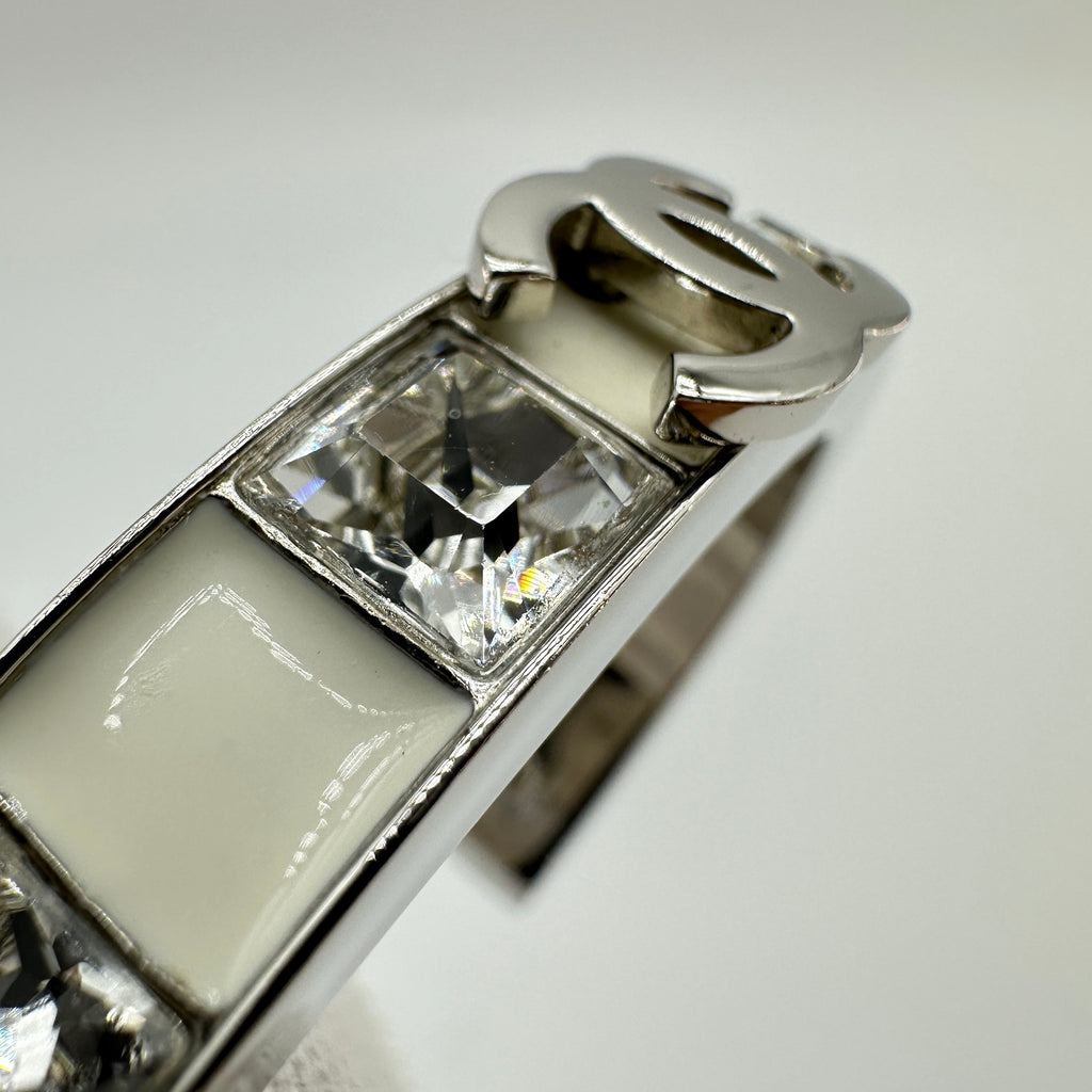 Chanel Silver White Enamel Crystal Coco Mark Bangle Bracelet