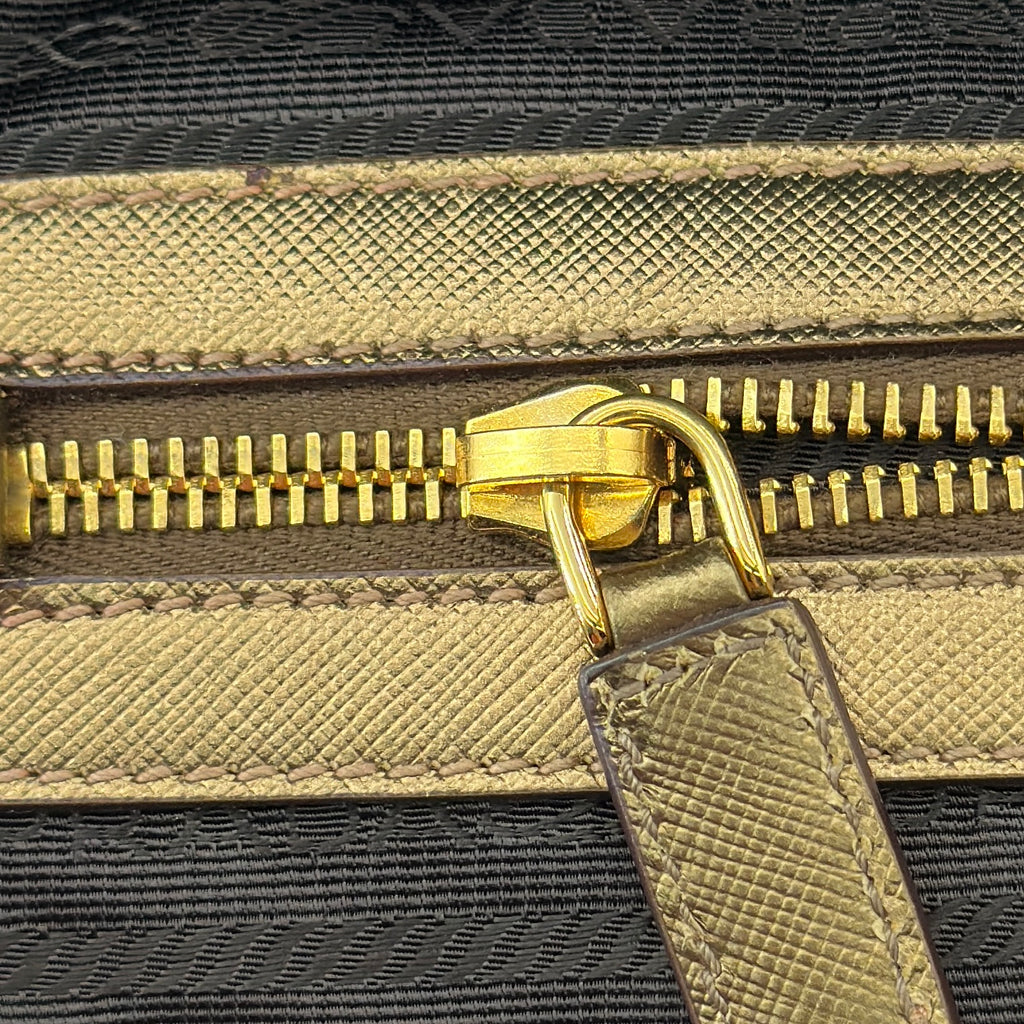 Prada Saffiano Trimmed Gold Bowling Handle Bag Gold Hardware