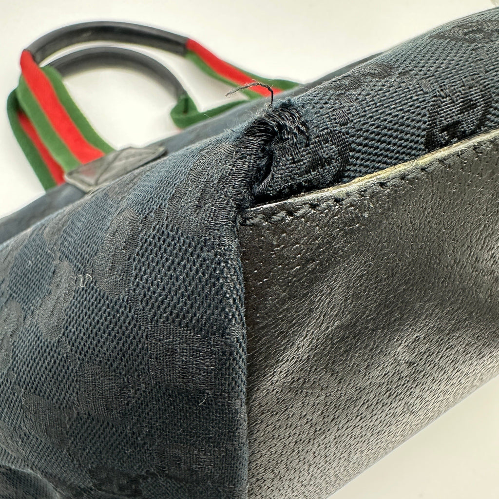 Gucci GG Canvas Leather Web Stripe Black Tote Bag