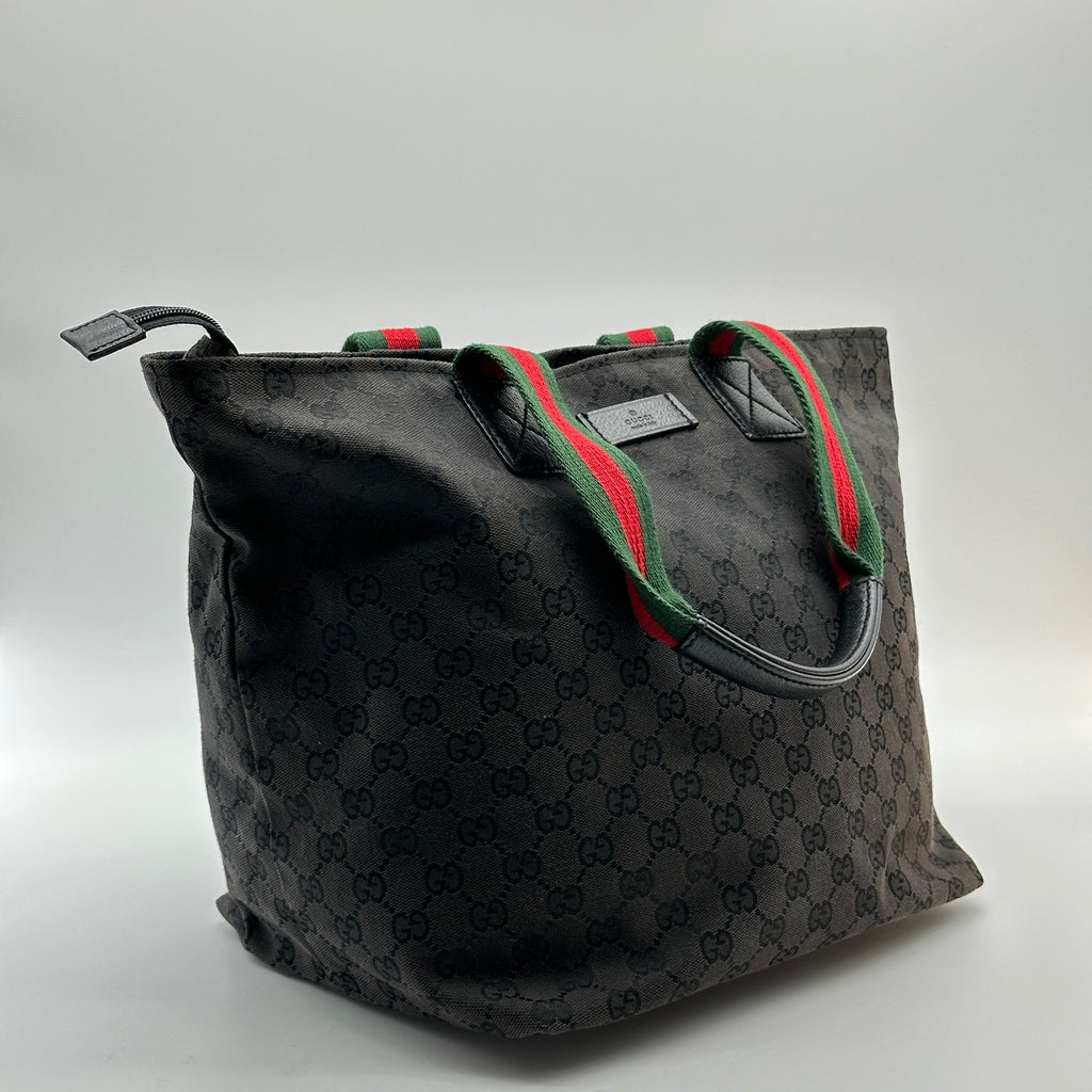Gucci GG Canvas Leather Black Web Stripe Tote Bag