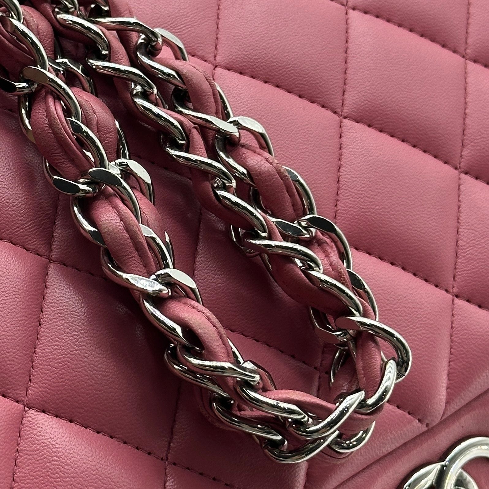 chanel lambskin pink leather classic flap bag  Jumbo Double Flap crossbody