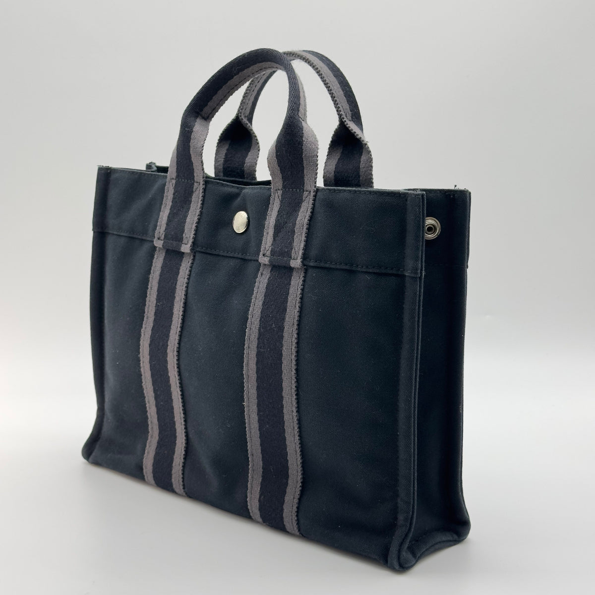 Hermes Striped Canvas Fourre Tout PM Black Tote Bag