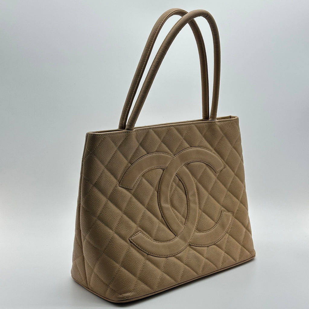 chanel beige quilted caviar leather medallion tote bag