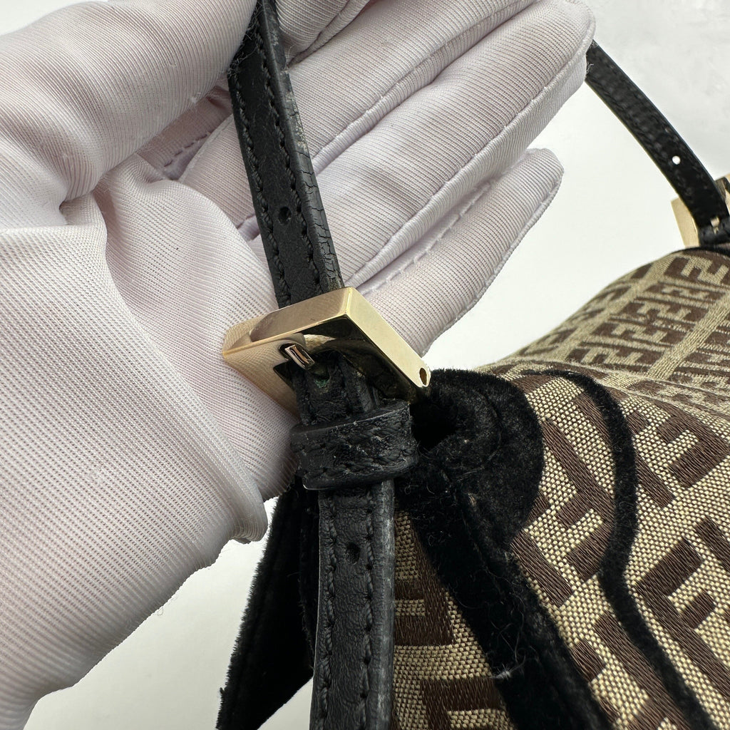 Fendi Zucchino Canvas Mamma Baguette Brown Shoulder Bag