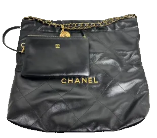 Chanel 22 Small Tote Shoulder Bag with Pouch Black Gold Hardware RFID