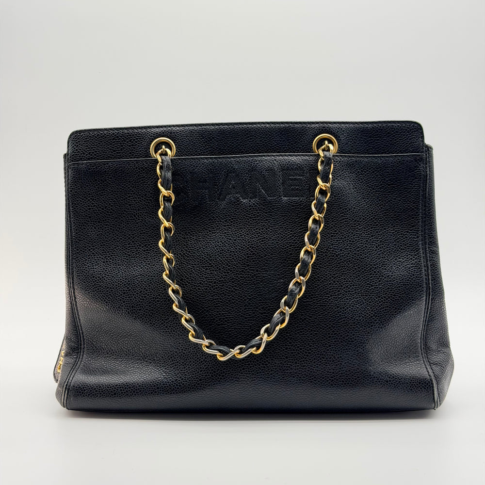 Chanel Logo Caviar Leather Chain Tote Shoulder Bag