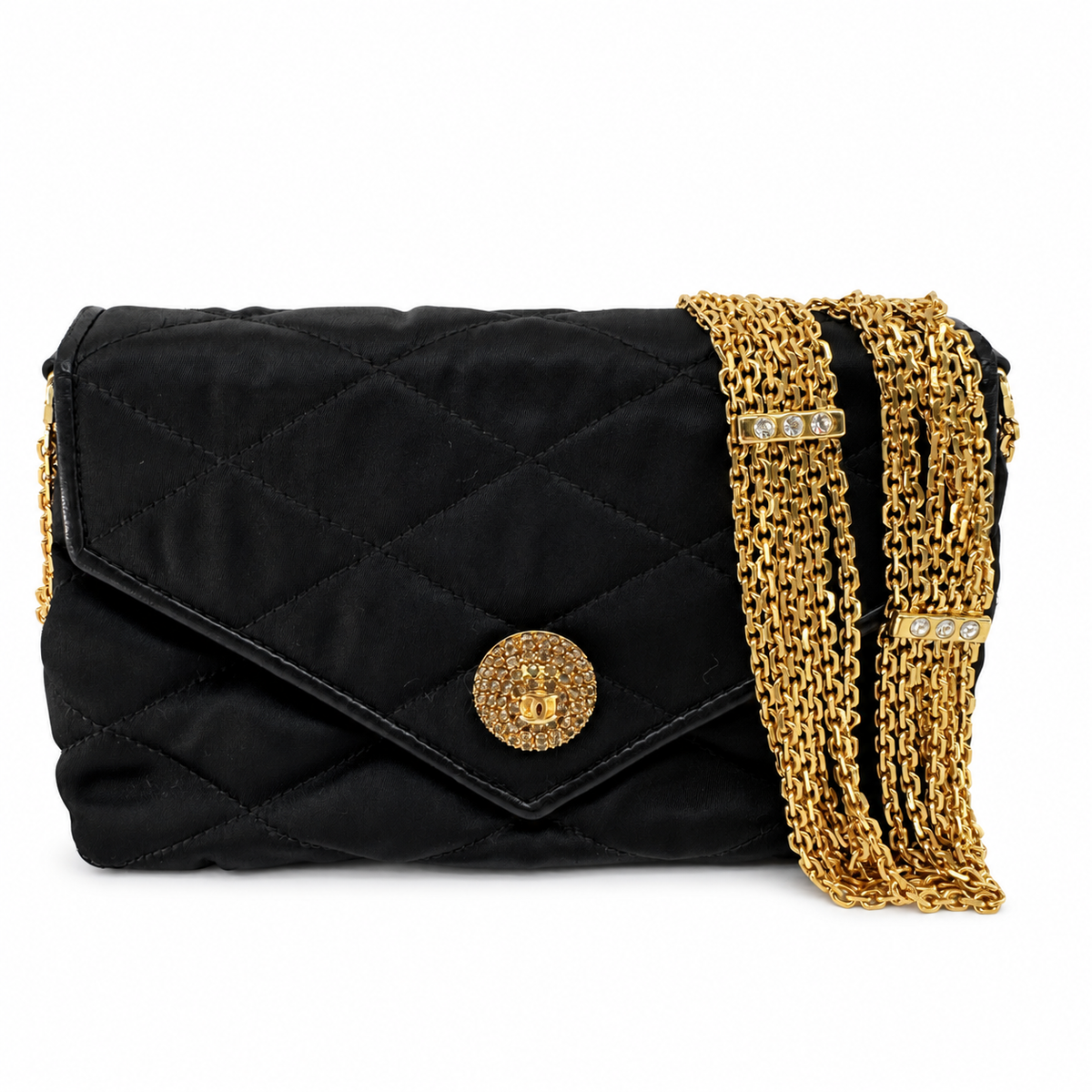 Chanel Matelasse Satin Chain Shoulder Bag Black Gold Metal Fittings