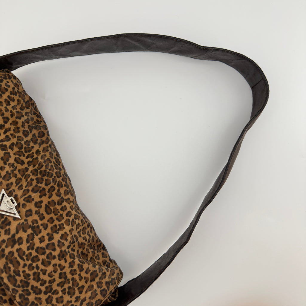 Bottega Veneta Vintage Leopard Print Triangle Logo Flap Shoulder Bag Brown
