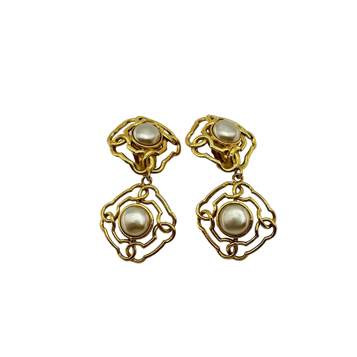 Chanel Faux Pearl Gold-Tone Camellia Drop Earrings