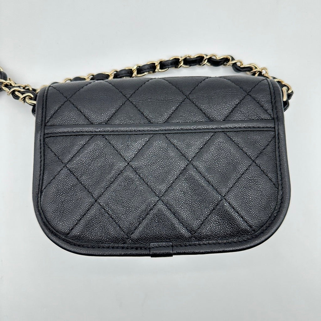 chanel black caviar quilted leather mini round messenger bag