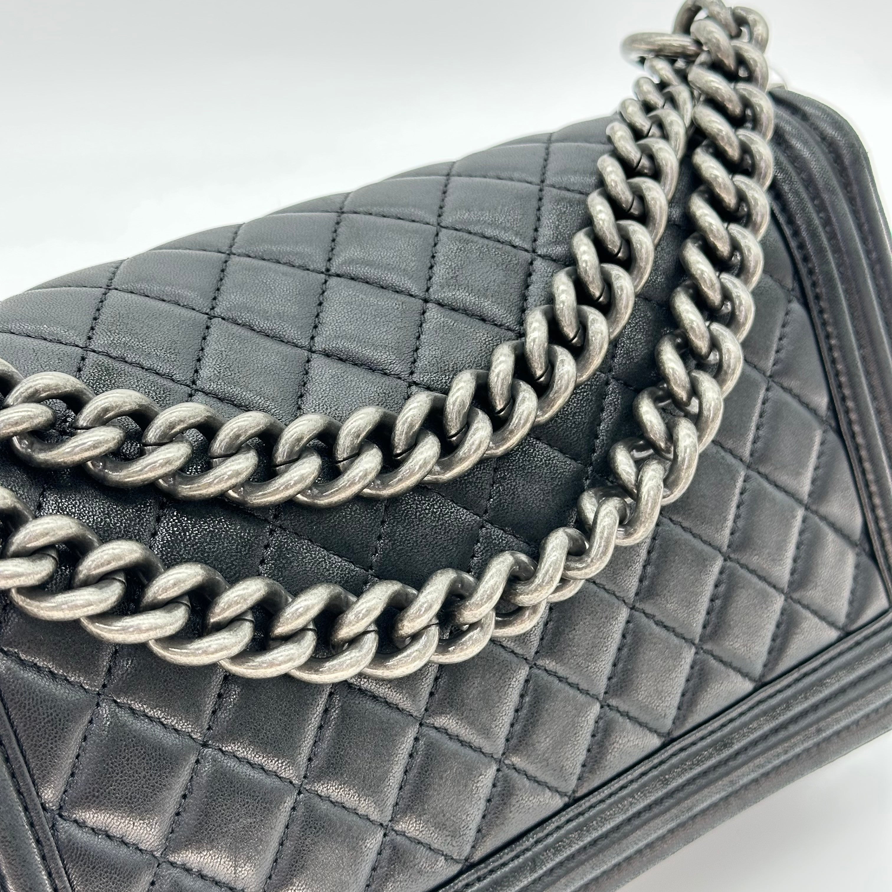 Chanel Boy Chanel 25 Lambskin Chain Shoulder Bag Black Silver 21 Series