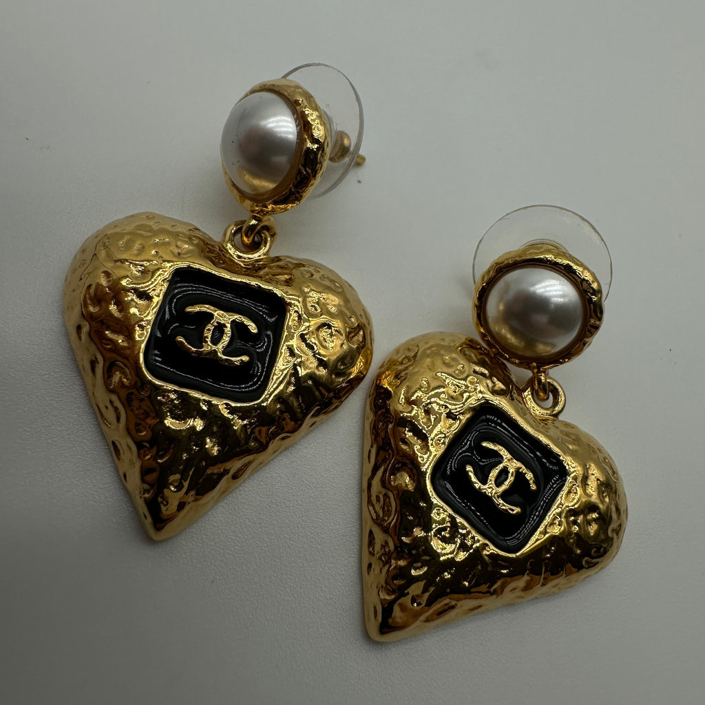 Chanel Gold-Tone Black Enamel CC Logo Faux Pearl Heart Drop Earrings
