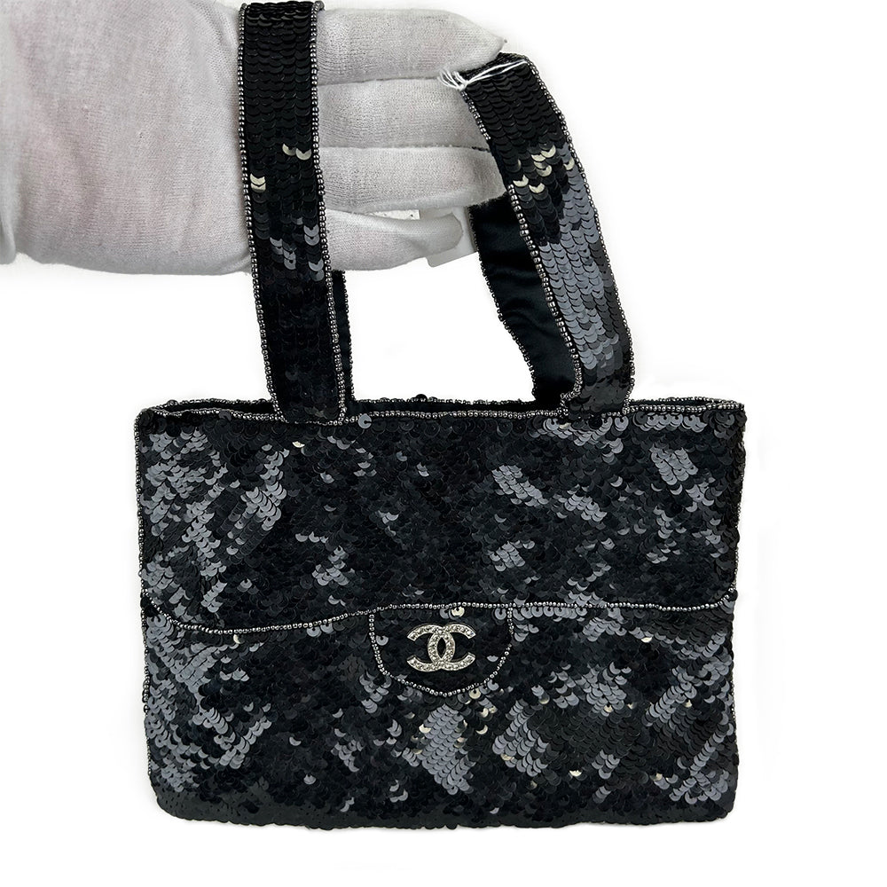 Chanel Coco Mark Metallic Black Sequin Tote Bag