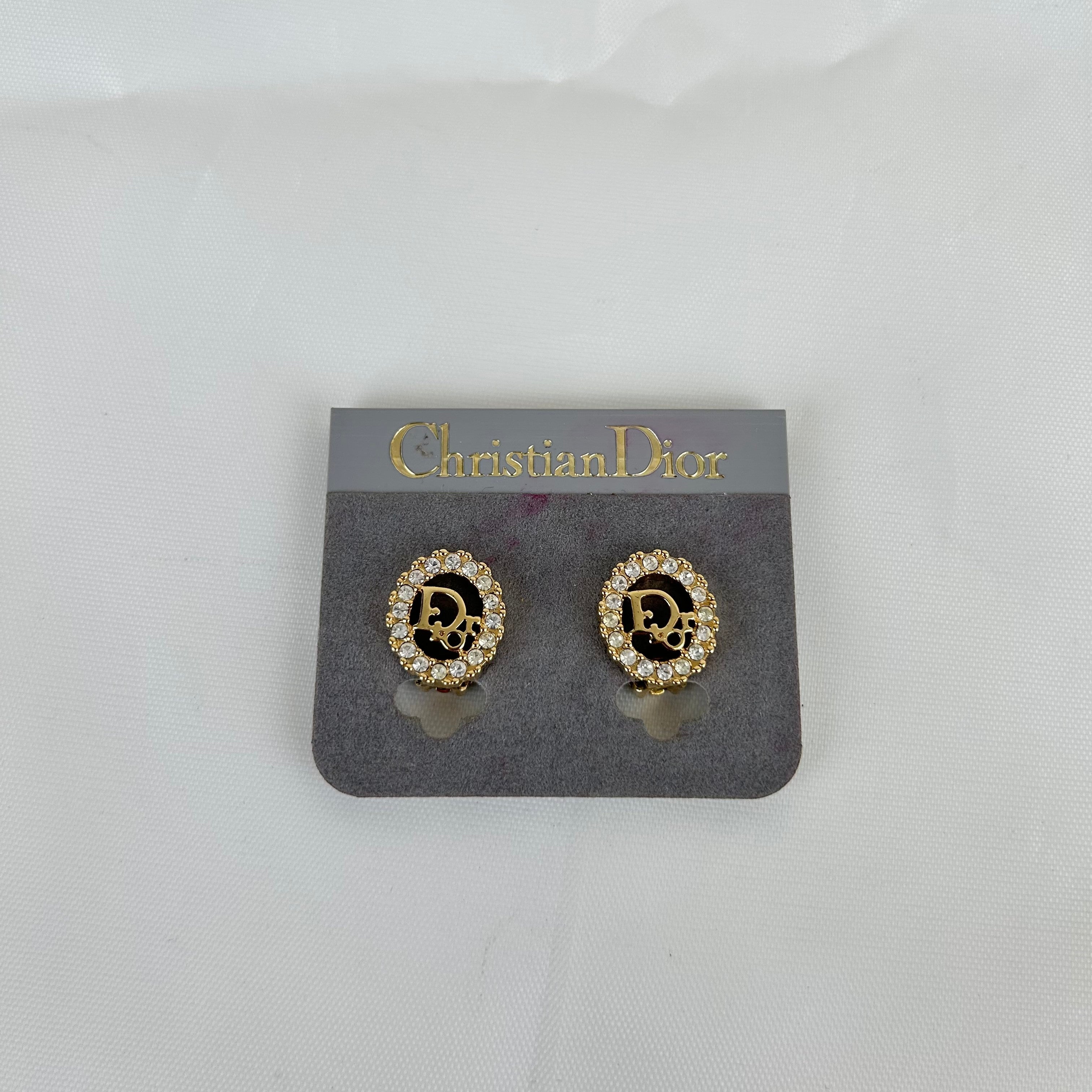Christian Dior Oval Rhinestone Gold Tone Logo  Earrings Vintage Jewelry