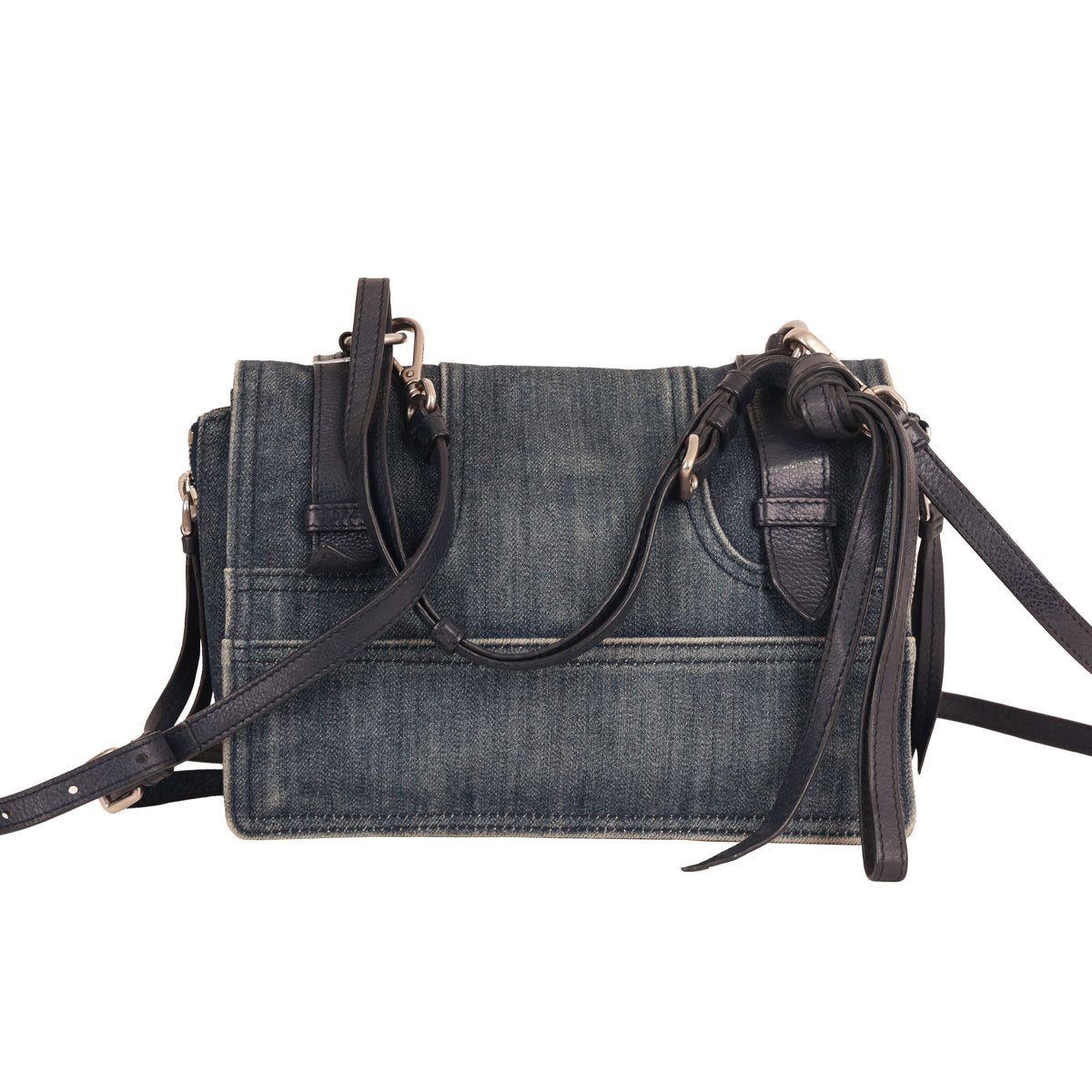 Prada 데님 가죽 숄더 크로스바디 백 더블 벨트 디테일