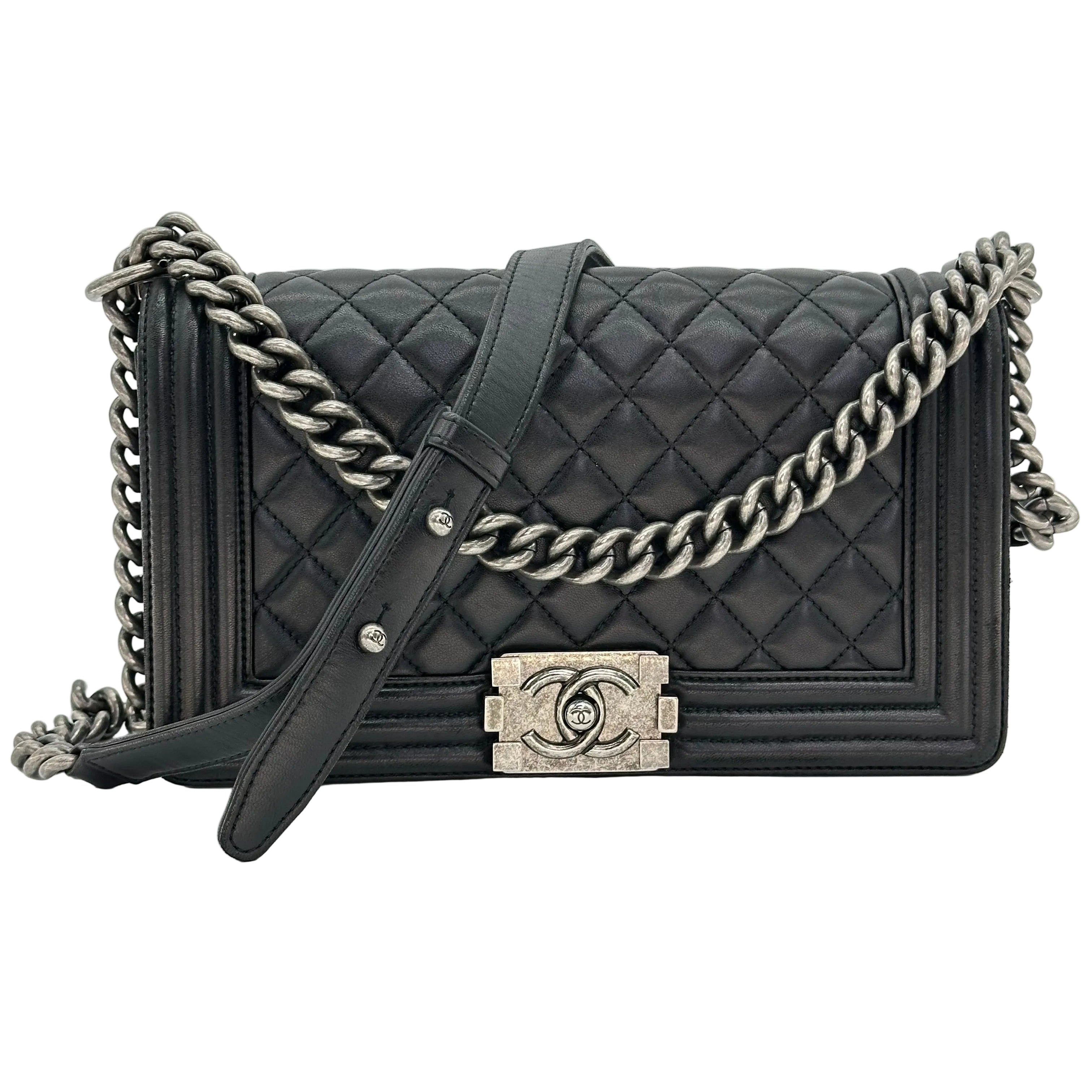 Chanel Boy Chanel 25 Lambskin Chain Shoulder Bag Black Silver 21 Series