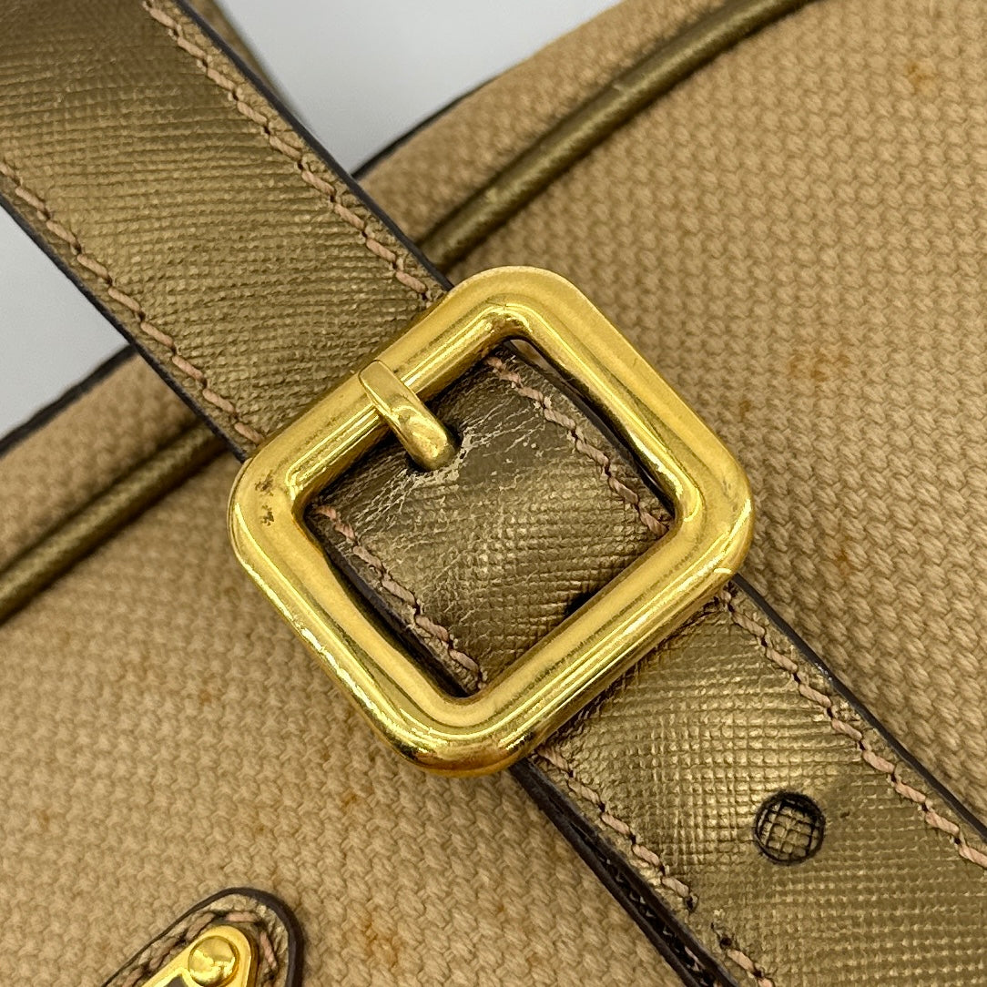 Prada Saffiano Trimmed Gold Bowling Handle Bag Gold Hardware