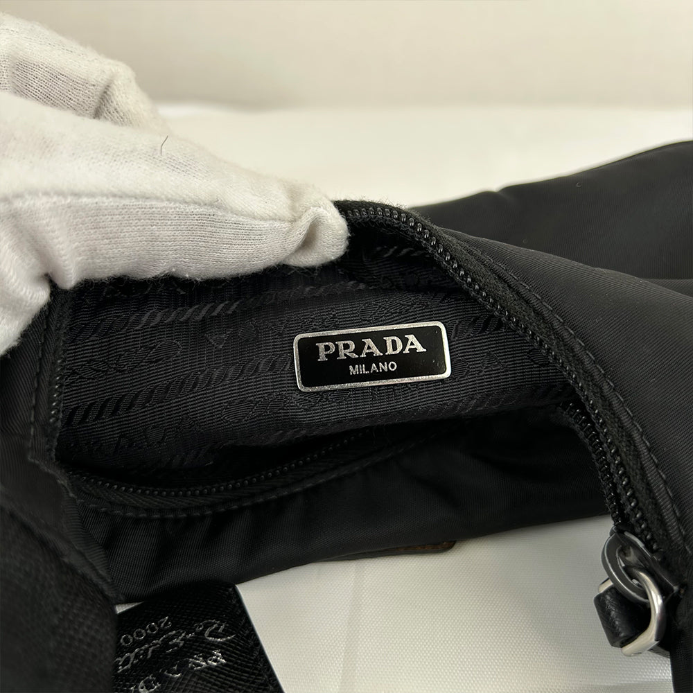 Prada Nylon Hobo Shoulder Bag Black Silver Triangle Logo Top Handle Bag