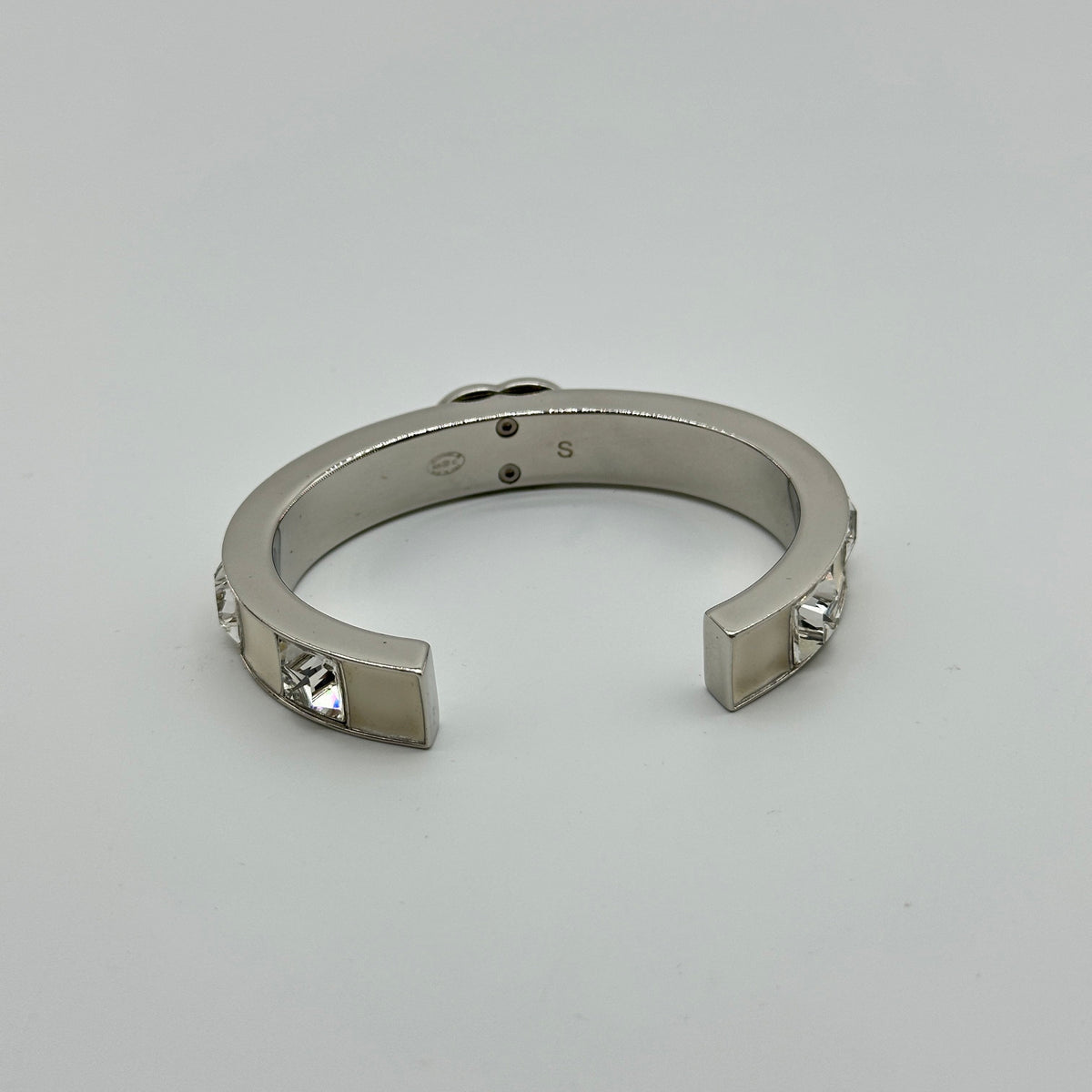 Chanel Silver White Enamel Crystal Coco Mark Bangle Bracelet
