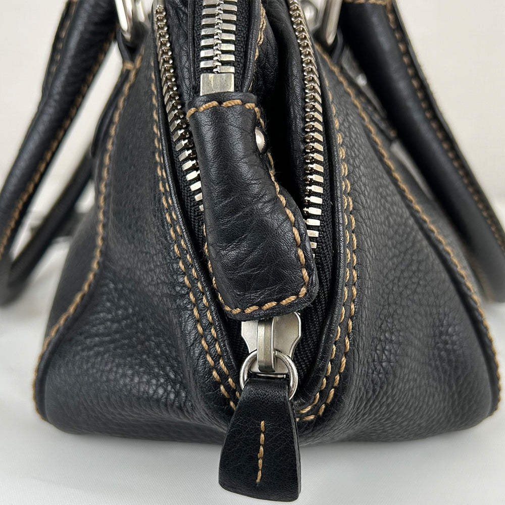 CHANEL Fringe Charm Handbag Mini Boston Bag Logo Embossed Coco Mark Engraved Silver Hardware Leather
