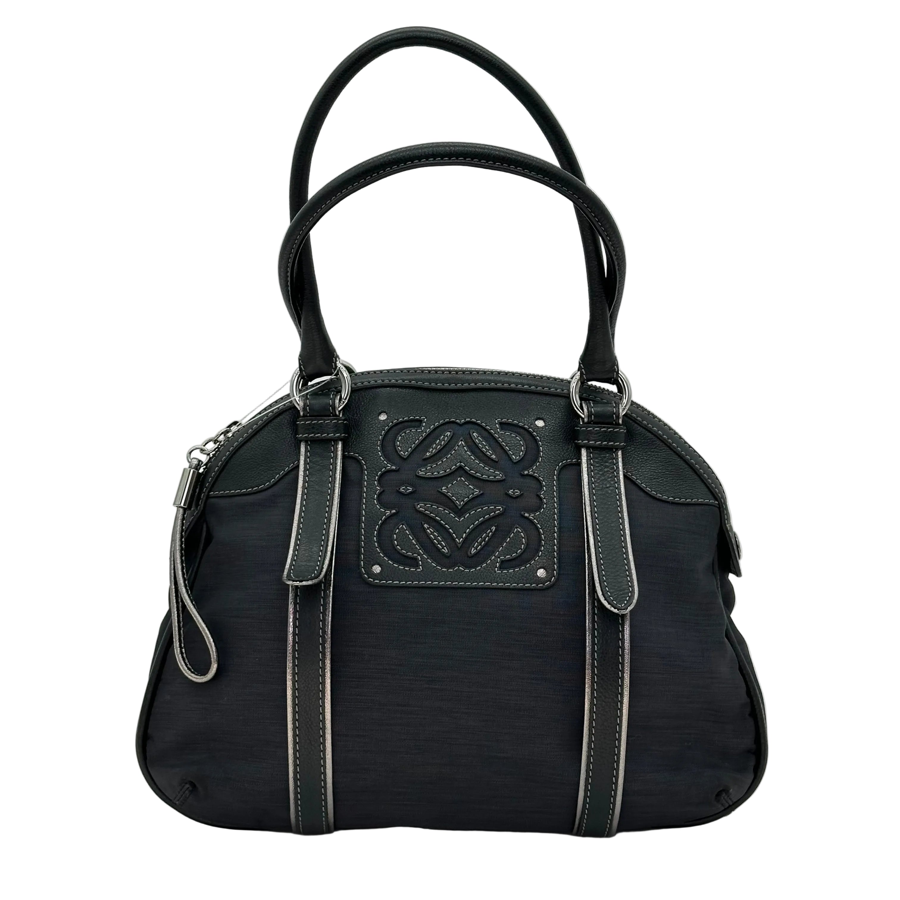 LOEWE Handbag Leather Nylon Black Silver Hardware