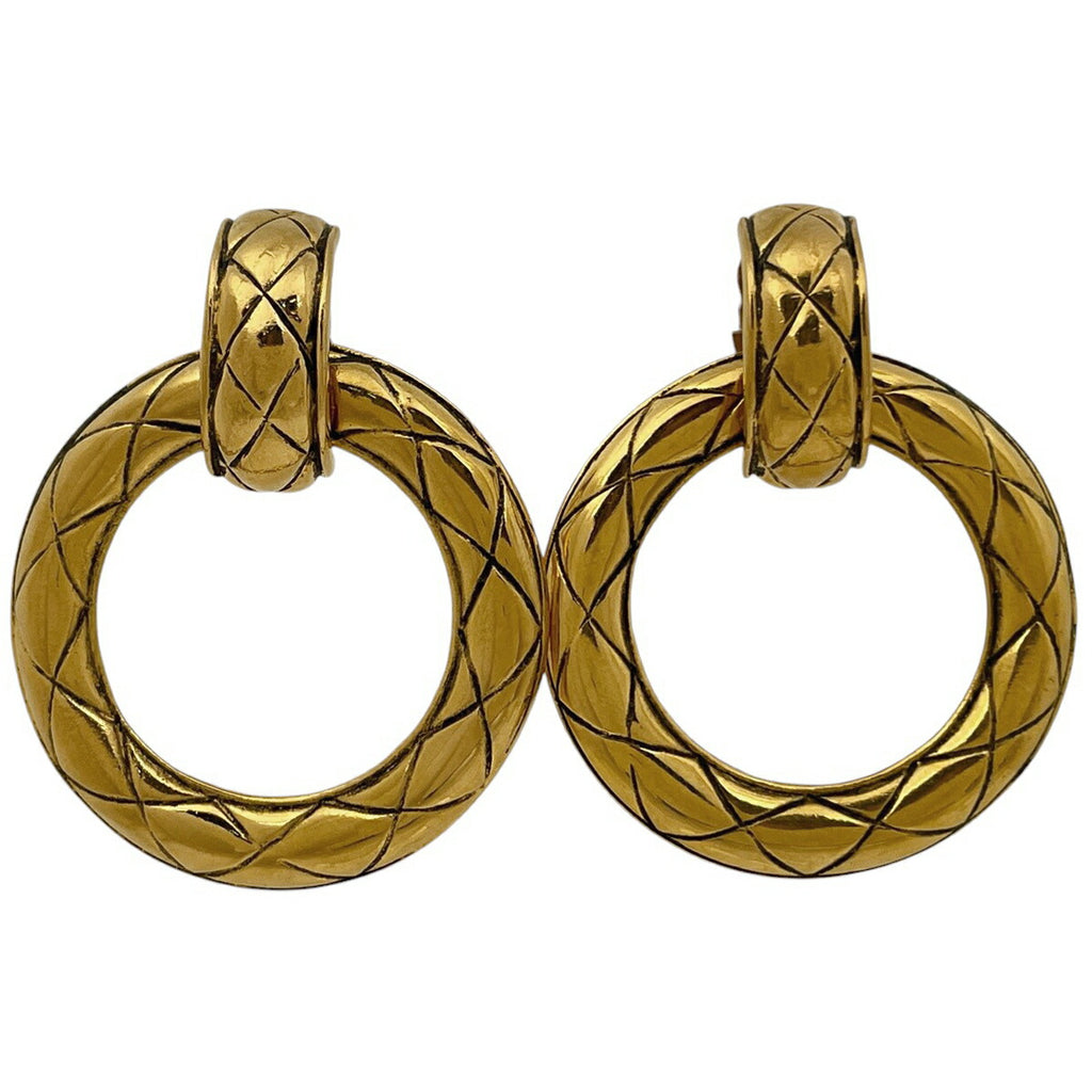 Chanel Quilted Hoop Earrings Gold Tone Vintage