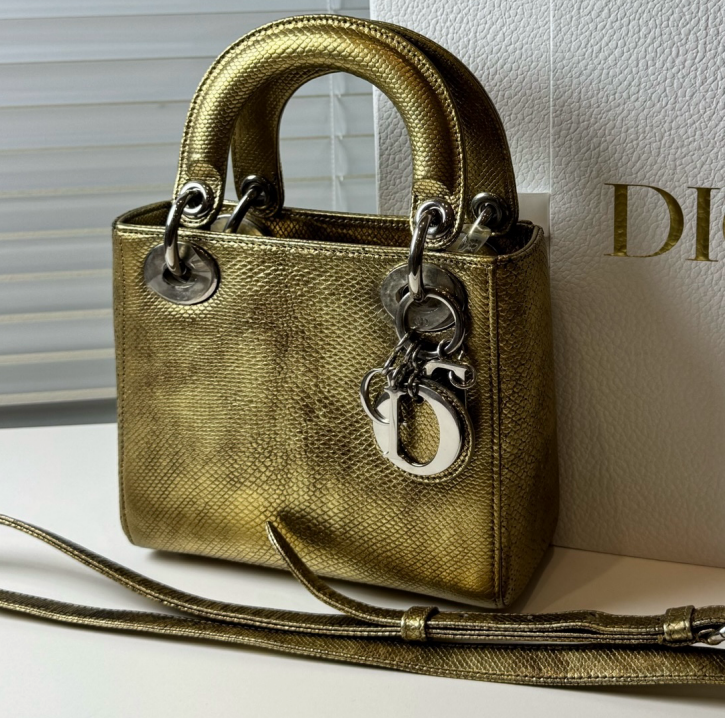 Dior Lady Dior Mini Metallic Gold Lizard Leather Handbag