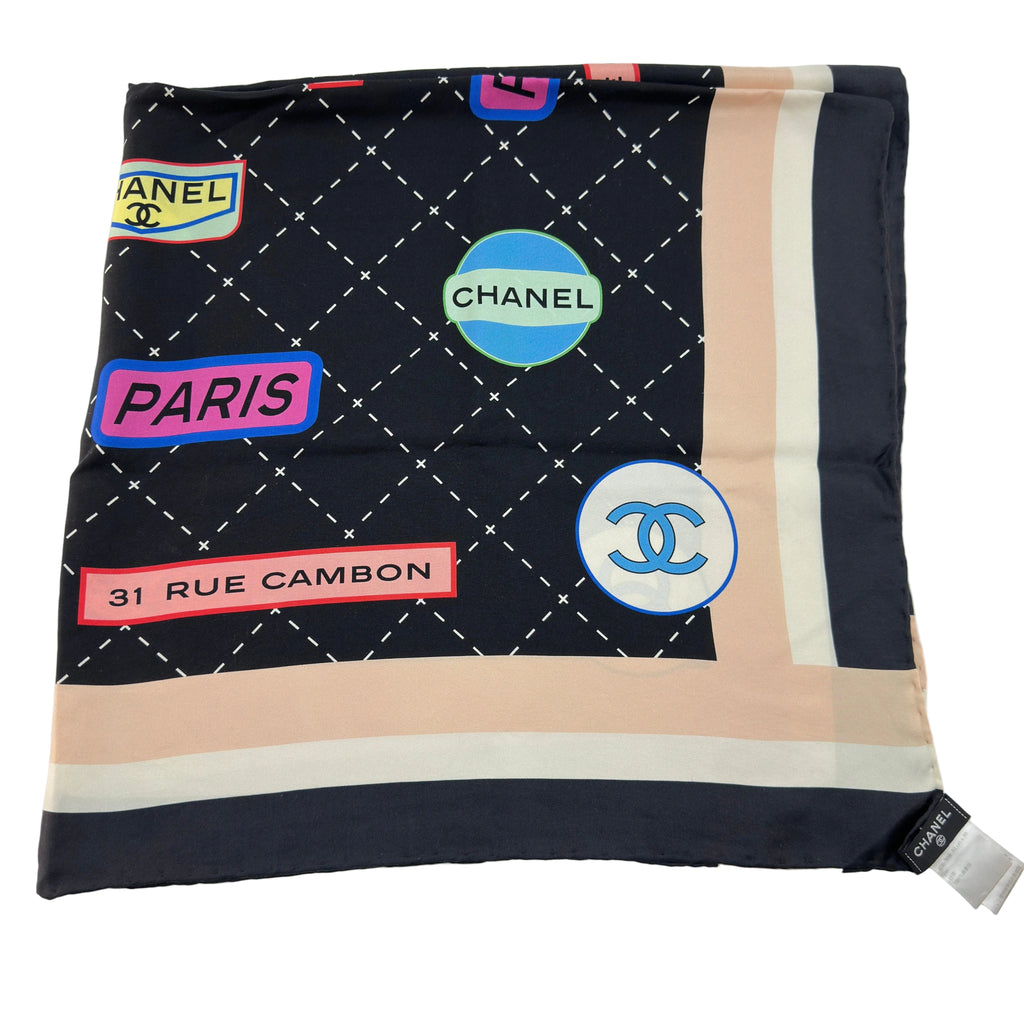 Chanel Paris Labels Print Black Beige Silk Scarf