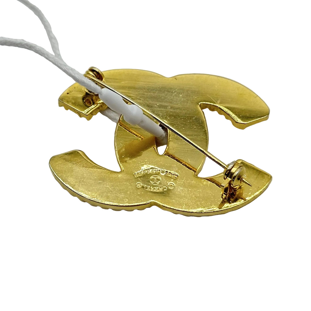 Chanel Gold Wheat Trim Rhinestone Double C Logo Brooch