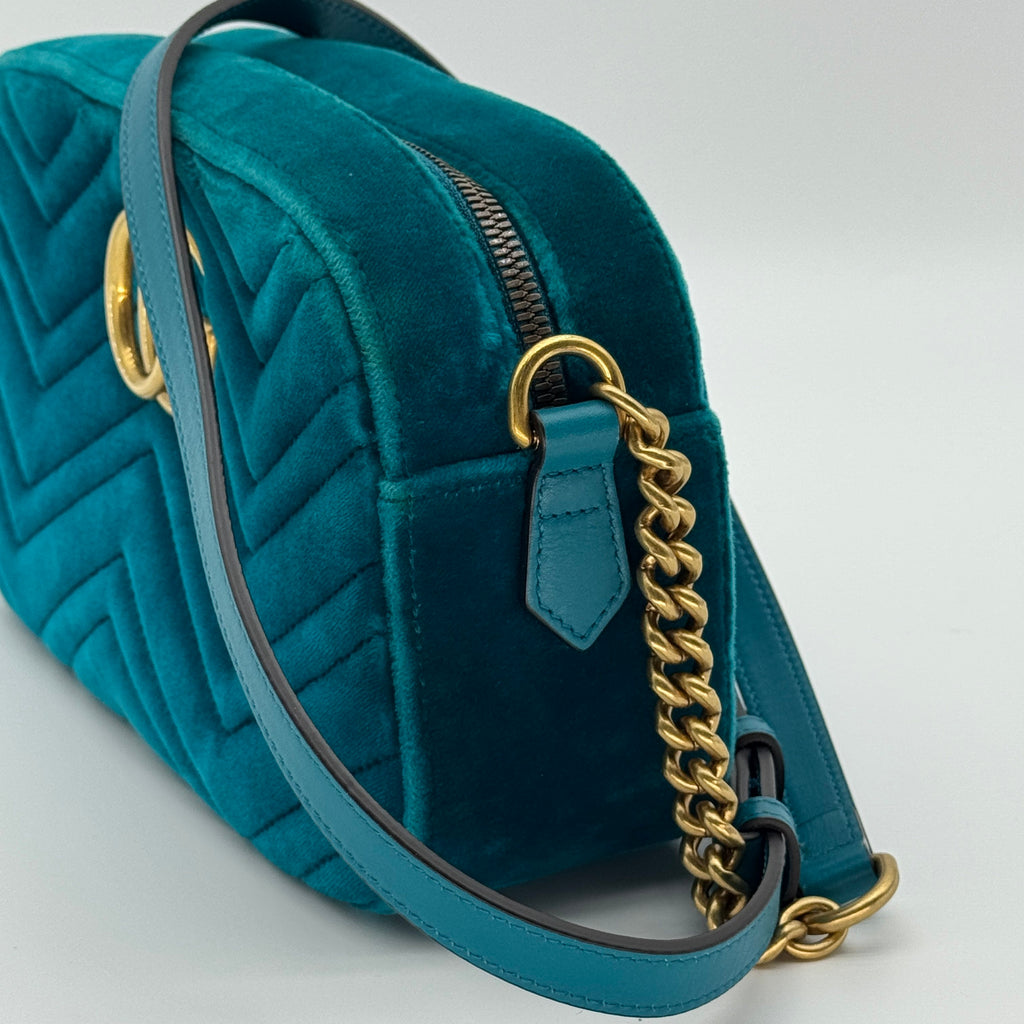 Gucci Quilted Velvet GG Marmont Small Teal Crossbody Bag