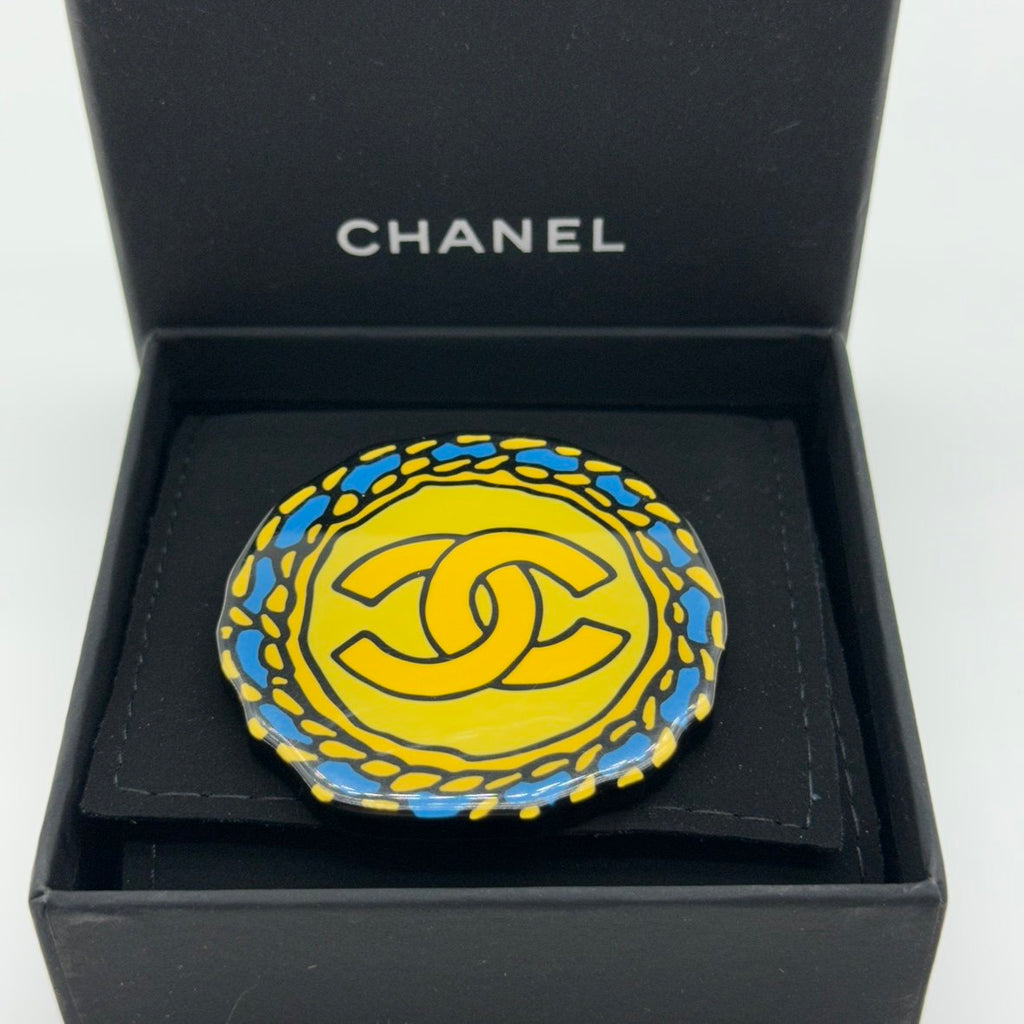 Chanel CC Logo Yellow Blue Enamel Gold-Tone Round Brooch