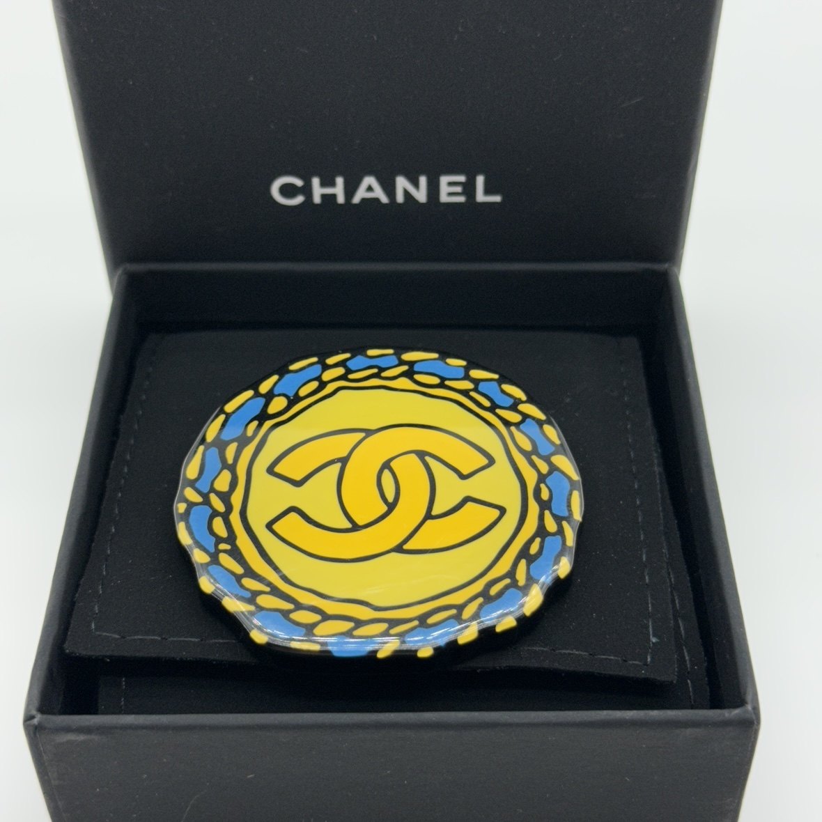 Chanel CC Logo Yellow Blue Enamel Gold-Tone Round Brooch