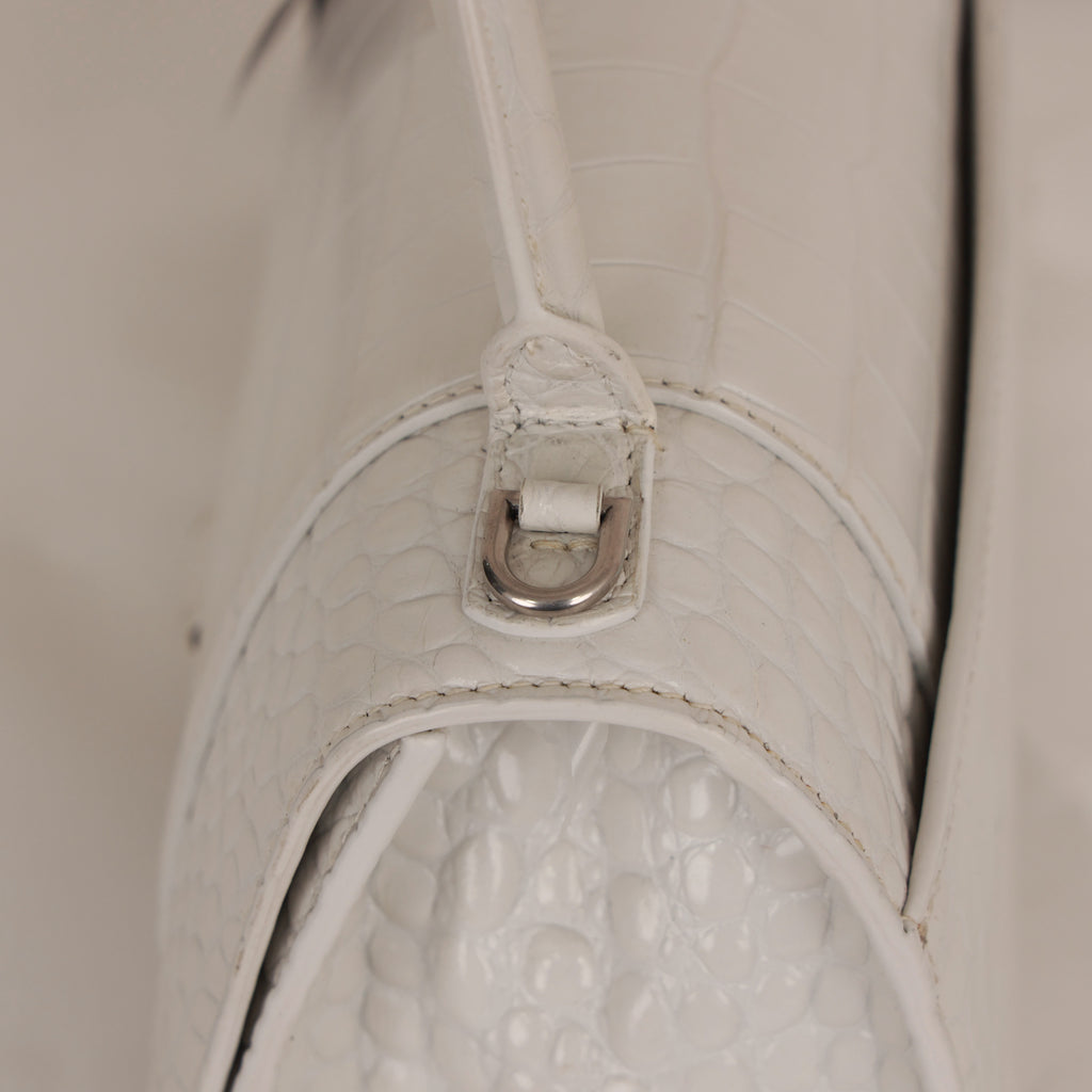 White Croc Embossed Leather Small Hourglass Top Handle Bag w/ Strap