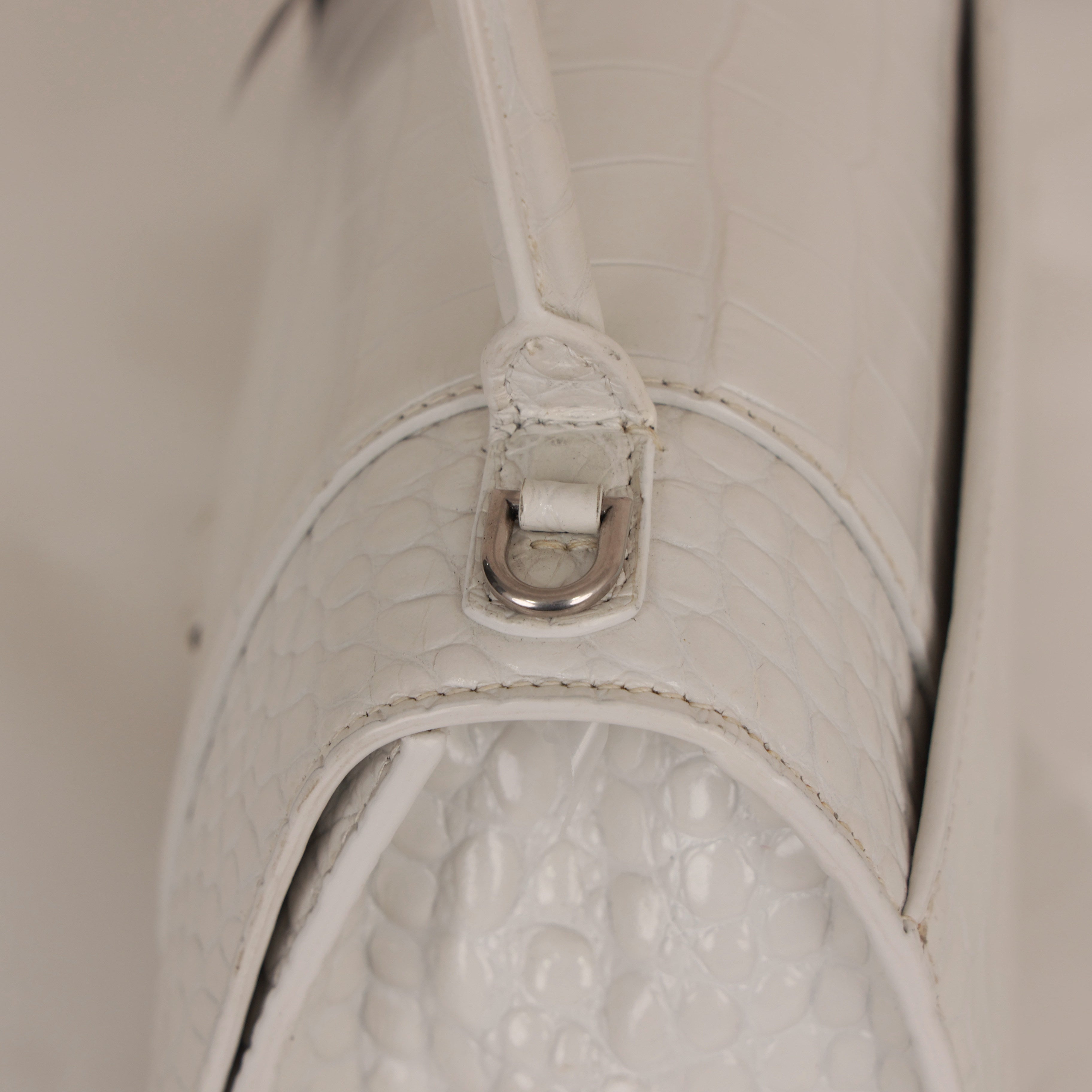 White Croc Embossed Leather Small Hourglass Top Handle Bag w/ Strap