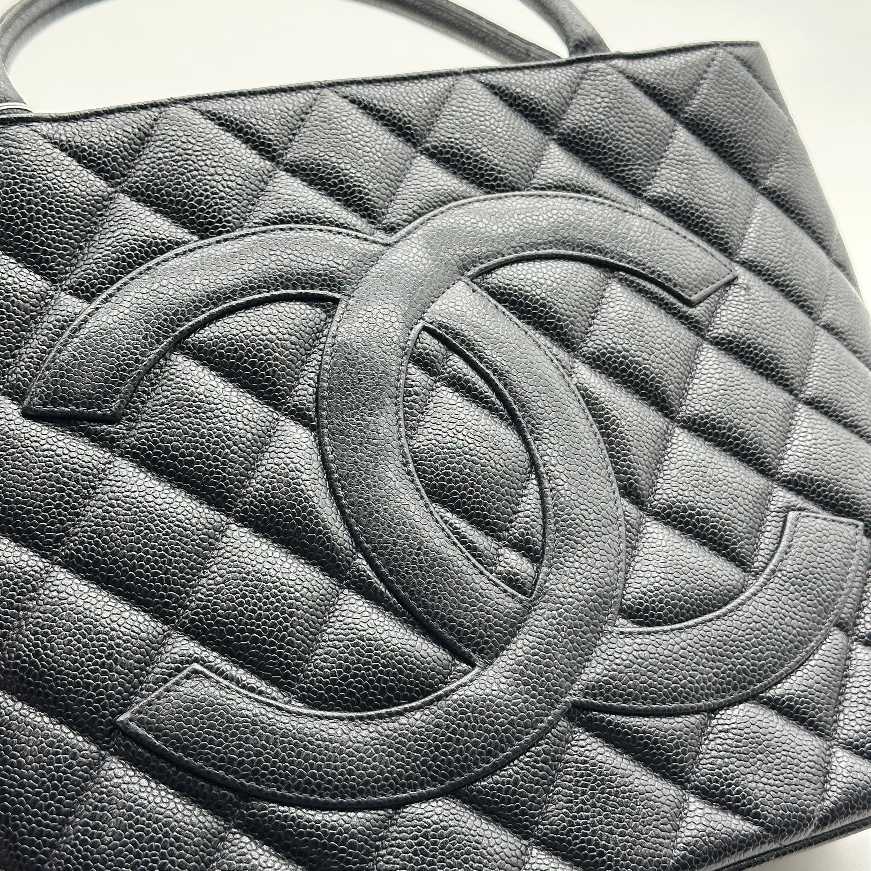 chanel black quilted caviar leather medallion tote bag