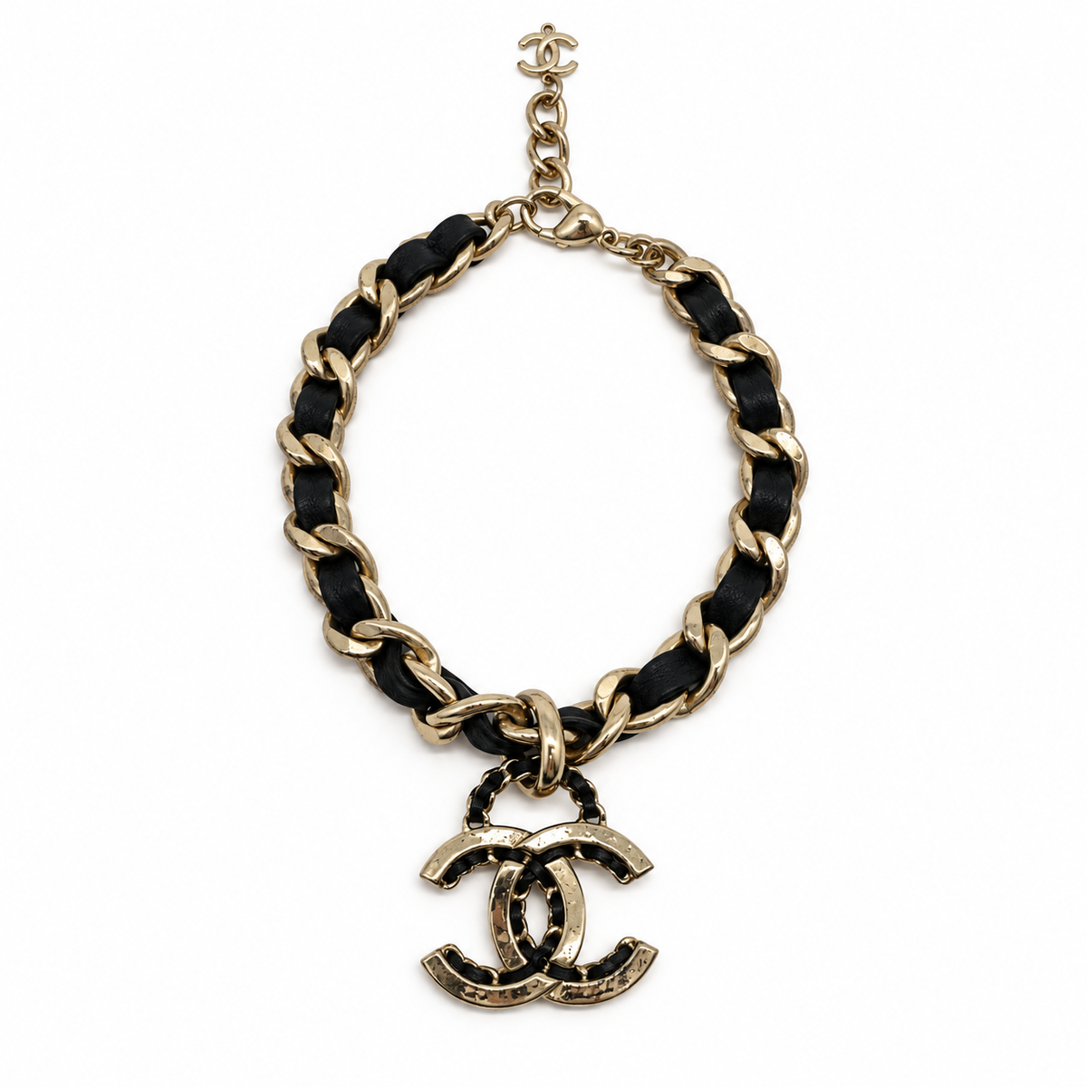 Chanel Gold-Tone Black Leather Woven Chain CC Pendant Necklace