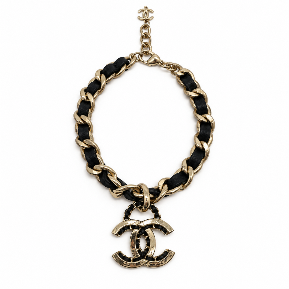 Chanel Gold-Tone Black Leather Woven Chain CC Pendant Necklace