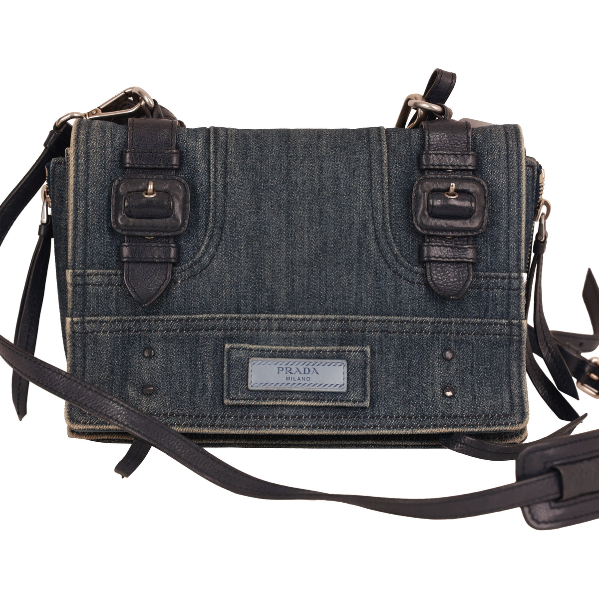 Prada Denim Leather Shoulder Crossbody Bag Double Belt Detail