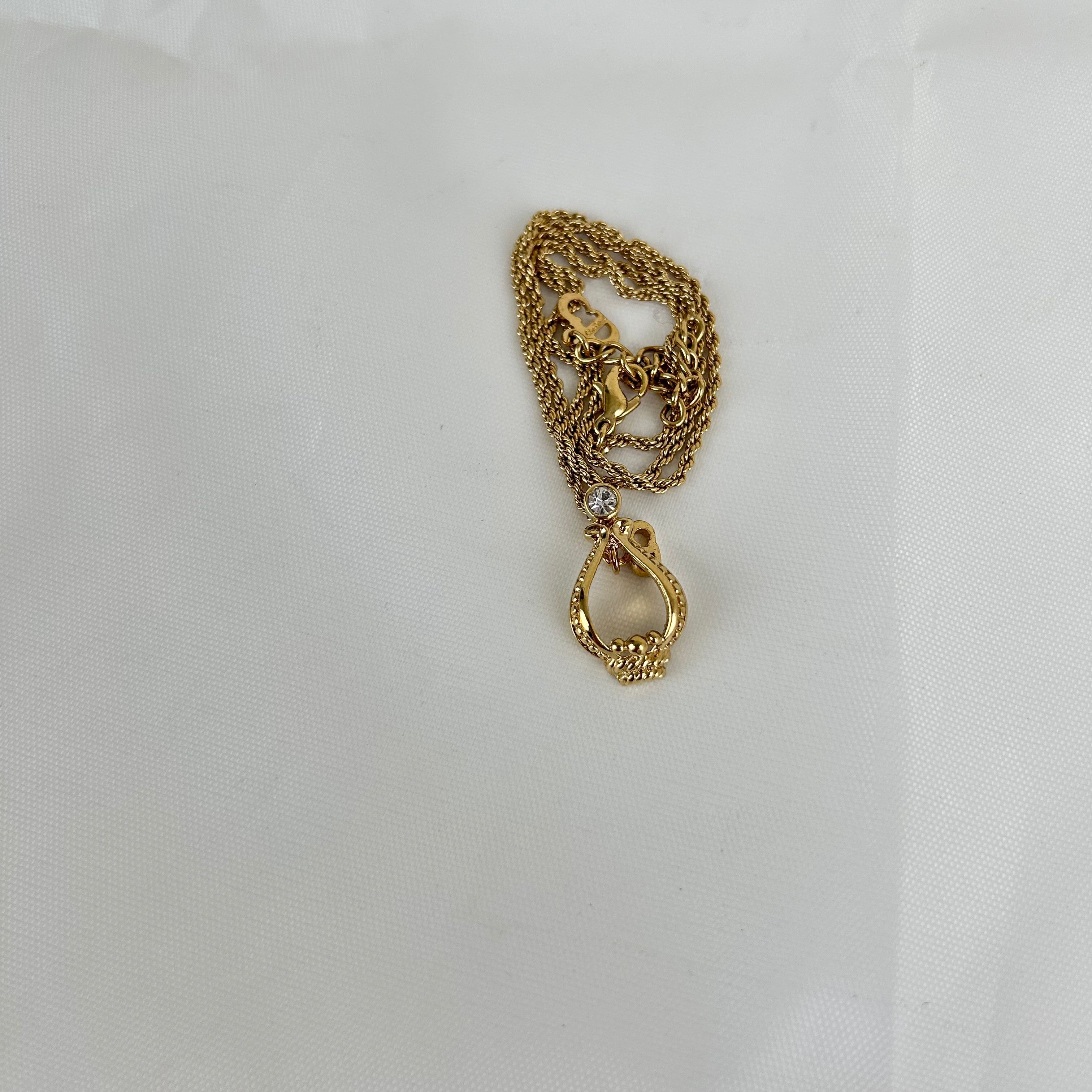 Christian Dior CD Logo Drop Motif Necklace Gold Tone GP Plated Rhinestone