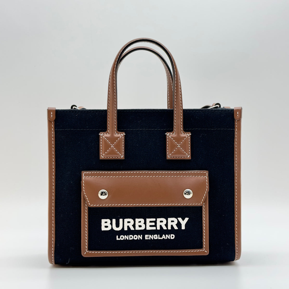 Burberry Mini Freya tote Canvas & Leather 2 Way Handbag Black × Brown