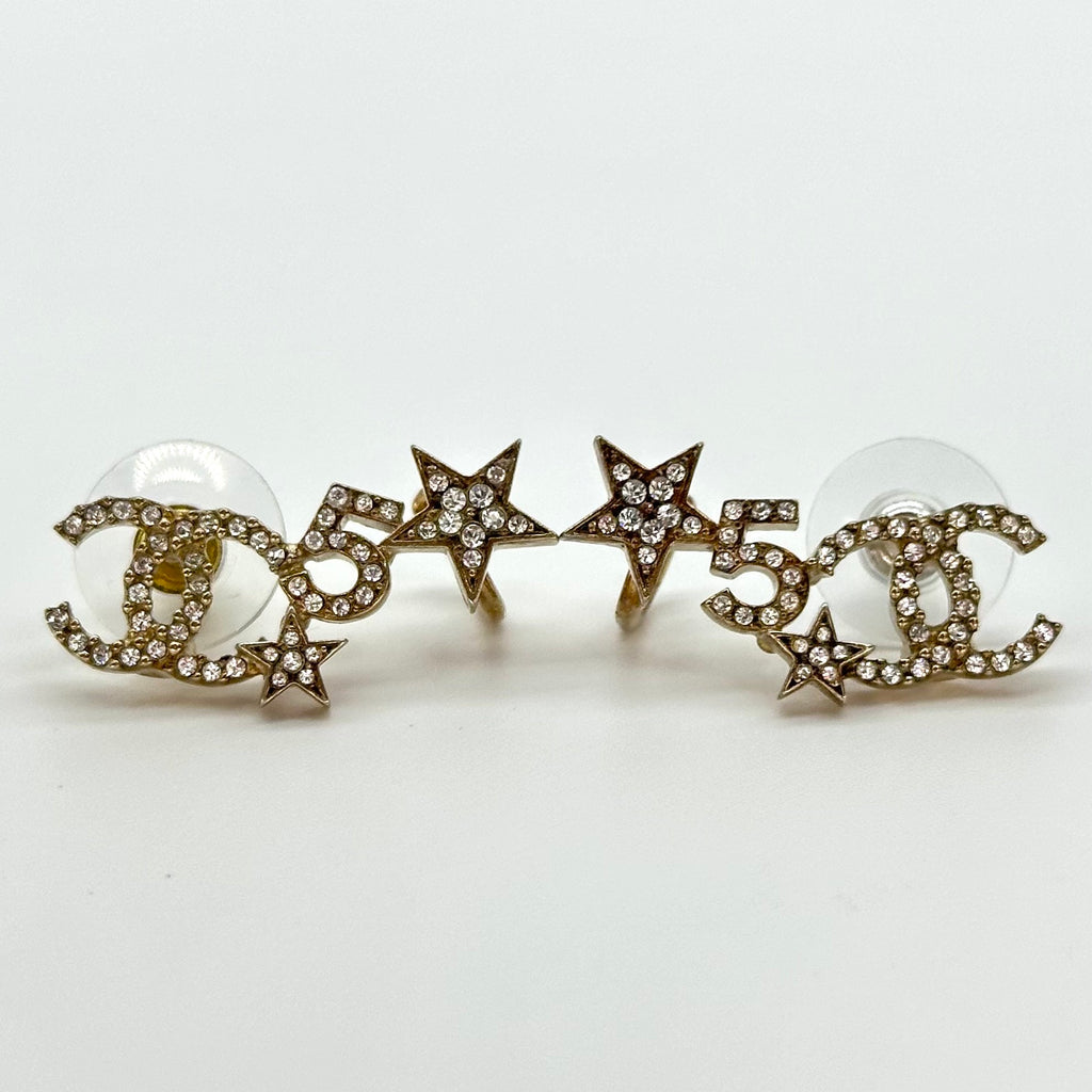 Chanel Star No.5 Rhinestone Stud Earrings Gold