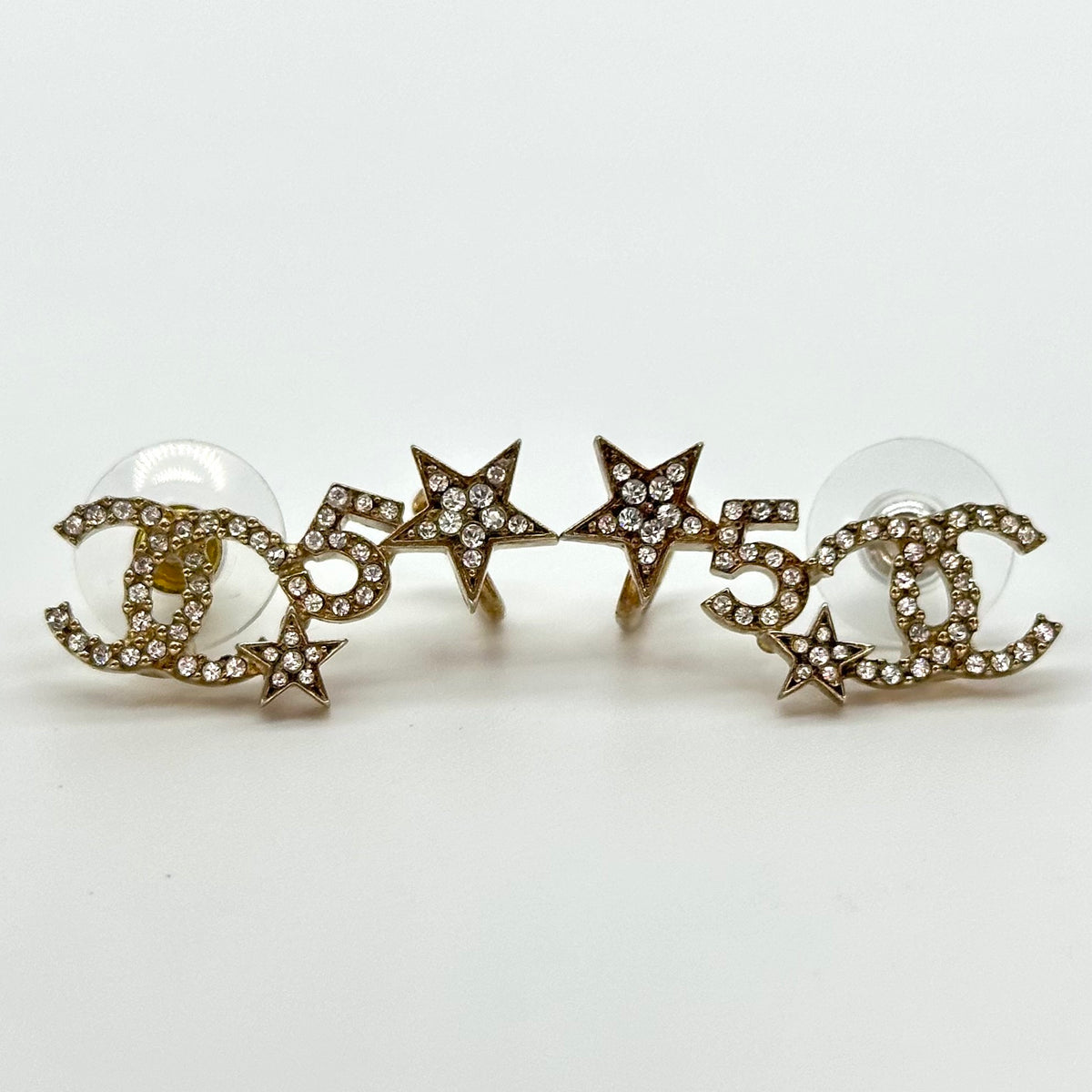Chanel Star No.5 Rhinestone Stud Earrings Gold