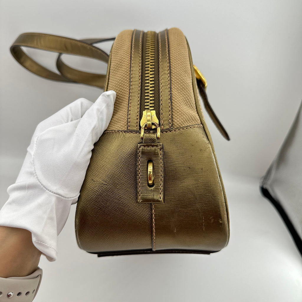 Prada Saffiano Trimmed Gold Bowling Handle Bag Gold Hardware