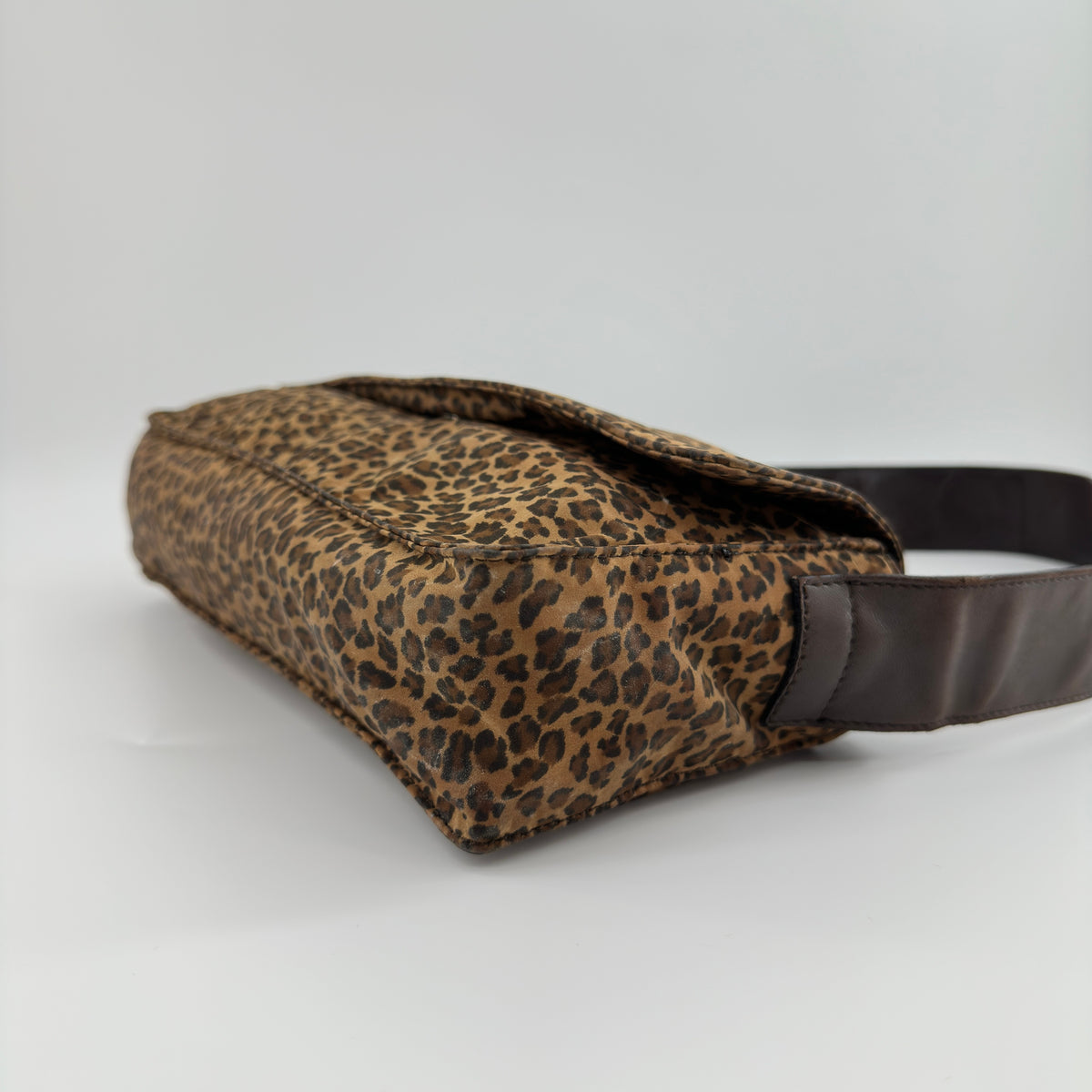 Bottega Veneta Vintage Leopard Print Triangle Logo Flap Shoulder Bag Brown